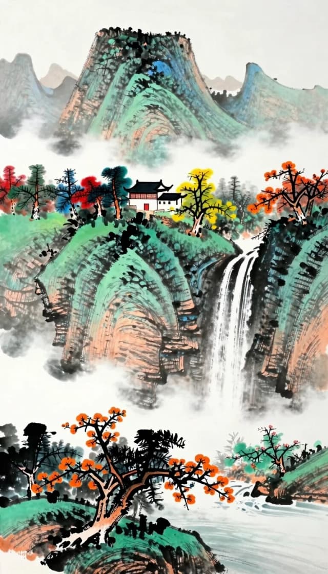 best quality,masterpiece,absurdres,newest,
A traditional Chinese landscape painting depicts a mountainous scene with a waterfall cascading down a steep cliff. Traditional Chinese building on the mountains. Towering, lush green mountains, partially obscured by soft white mist and clouds, dominate the upper portion of the image. Red, orange  yellow and green trees, rendered with dark, textured brushstrokes, are scattered across the mountain slopes and peaks. A vibrant waterfall, portrayed in white and light gray, plunges down the right side of the composition. In the foreground, flowering trees with orange blossoms add a touch of color and detail, contrasting with the cool tones of the mountains and water. The perspective is from a slightly elevated viewpoint, giving a sense of depth and scale. The color palette primarily uses muted greens, blues, grays, and whites, with touches of orange and brown, suggesting a serene and natural environment. The overall style is reminiscent of traditional ink wash painting, conveying a calm and picturesque atmosphere. Calligraphy is present in the upper right corner.