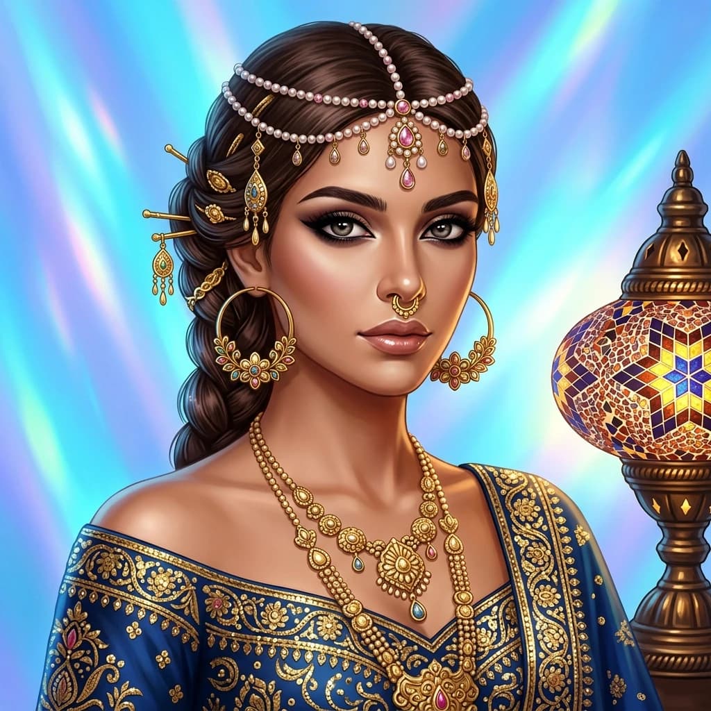 The picture shows a woman in an oriental style, made using digital illustration techniques.
Description of the character. Clothes. She is wearing an off-the-shoulder dress decorated with gold ornaments and patterns. Hairstyle. Her hair is dark brown, gathered in a complicated braid at the nape of her neck. It is reinforced with a tiara of pearls and pink stones. Decorating. A tiara with pendants. Hoop earrings with floral motif and stones. Nose ring (septum). A long necklace with large elements and pendants. Gold hairpins and pendants in her hair. Make—up: the center is made on the eyes - expressive arrows and shadows. The lips are covered with gloss. Background: bright abstract background with iridescences of blue color. A lamp with a mosaic pattern resembling traditional Arabic motifs is visible on the right.
 In general, the image resembles a fairy-tale princess or a dancer from oriental legends. (Style):fantasy, fairy tale, India festival of lights, gave, lamp, double exposure, close-up, portrait, high quality, gradient, grace. Interior light, 4k, intricate details.