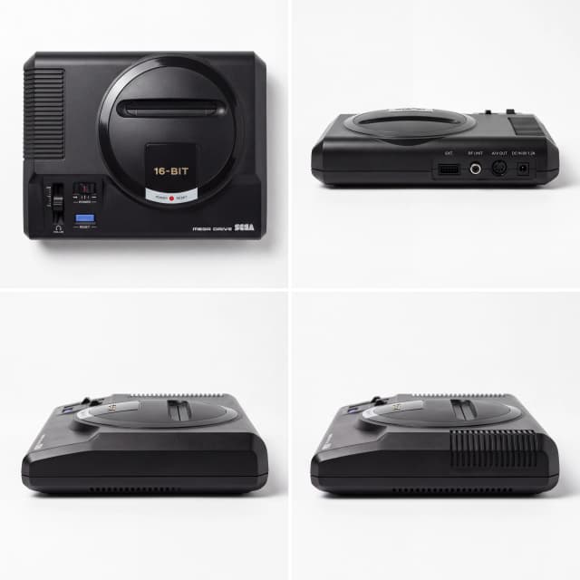 Product design sheet, studio product photo of a retro Sega Mega Drive Model 1 console shown from four distinct angles in a clean 2x2 grid layout on a solid plain white background. Top-down view (front/top face with cartridge slot and power/reset switches), rear view (showing AV ports and power jack), left side view, and right side view. Consistent studio lighting, soft natural shadows underneath, highly detailed matte black plastic texture, crisp 16-BIT branding details, ultra-sharp focus, clean commercial photography.