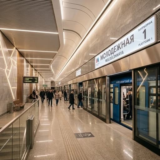 Сделай красивый современный проект для станции метро Молодёжная в Новосибирске, которая должна быть с боковыми платформами и станционными дверьми похожими на станции Спортивная.