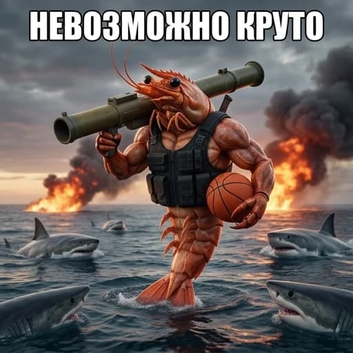 Надпись "невозможно круто" русским языком, мемным шрифтом и мегаперекачанная креветка с очень большой ракетницей на плече и баскетбольный мяч в руке и вокруг нее много акул и огня, она стоит именно на воде на хвосте , все реалиастично и не мультяшное
