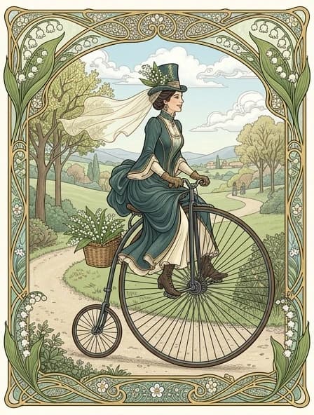An original vector composition. A vintage pennyfarthing bicycle. A basket with lilies of the valley is attached to the rear wheel. A cyclist in a fashionable dress and a top hat, with a sheer veil attached near the crown of the hat and fluttering in the wind, is sitting on the pennyfarthing. The frame around the image is made with thin lines in the Art Nouveau style and features lily of the valley flowers.