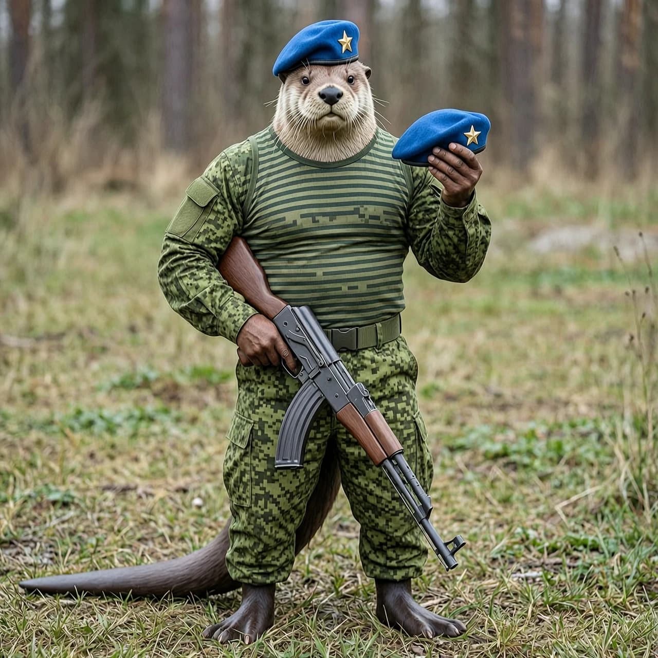 Сгенерируй изображение (Антропоморфный накаченный бобёр военный, в левой руке он держит берет (он как будто его вот вот оденет), в правой руке держит акс-74 дулом вниз. Одежда бобра военного образца ВС РБ (боевая), в тельняшке, тельняшка видна выражено) изображение в стиле реализм. Бобёр должен стоять лицом и телом к зрителю, автомат должен быть Автомат Калашникова складной - 74. Погоны должны быть пустые без каких либо званий, камуфляж должен быть пиксельный, на одежде не должно быть шевронов. Вместо фуражки должен быть голубой берет как у сил специальных операций (обязательно с кокардой в виде звезды). на правой руке не должно быть шевронов, и ты рисуешь автомат калашникова образца 47 года, а мне необходим автомат калашникова складной образца 74 года, камуфляж должен выглядеть более естественно и реалистичным, берет у бобра должен быть один, убери с головы бобра один берет, Дуло автомата должно смотреть перпендикулярно земле, бобёр должен держать автомат за пистолетную рукоятку. Хвост не должен по моей задумке касаться земли