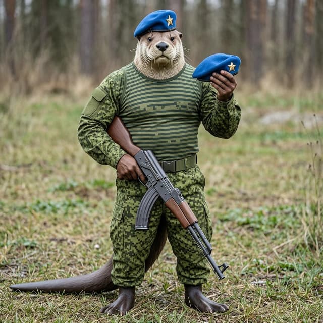 Сгенерируй изображение (Антропоморфный накаченный бобёр военный, в левой руке он держит берет (он как будто его вот вот оденет), в правой руке держит акс-74 дулом вниз. Одежда бобра военного образца ВС РБ (боевая), в тельняшке, тельняшка видна выражено) изображение в стиле реализм. Бобёр должен стоять лицом и телом к зрителю, автомат должен быть Автомат Калашникова складной - 74. Погоны должны быть пустые без каких либо званий, камуфляж должен быть пиксельный, на одежде не должно быть шевронов. Вместо фуражки должен быть голубой берет как у сил специальных операций (обязательно с кокардой в виде звезды). на правой руке не должно быть шевронов, и ты рисуешь автомат калашникова образца 47 года, а мне необходим автомат калашникова складной образца 74 года, камуфляж должен выглядеть более естественно и реалистичным, берет у бобра должен быть один, убери с головы бобра один берет, Дуло автомата должно смотреть перпендикулярно земле, бобёр должен держать автомат за пистолетную рукоятку. Хвост не должен по моей задумке касаться земли
