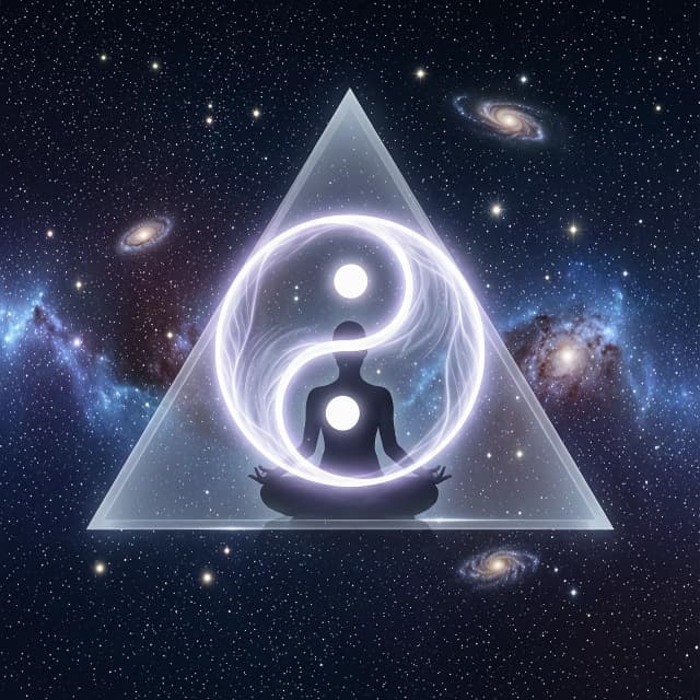 Mystical glowing symbol resembling a three-sectored Yin-Yang (triskelion-style division) floating in the center of a deep, cosmic void, no text or inscriptions. Behind the symbol, a large, translucent geometric equilateral triangle is superimposed. Inside the triangle, a silhouette of a person is sitting in a perfect lotus pose, radiating tranquility. The entire composition is set against a vast, dark cinematic background of a starry night sky with subtle nebulae, distant galaxies, and shimmering stardust. Ethereal luminescence, magical glow emanating from the symbol's edges, soft volumetric lighting. Digital art style, highly detailed, hyper-realistic cosmic textures, sharp focus on the geometric shapes, dreamlike and meditative atmosphere, deep blues, purples, and brilliant white light, 8k resolution, concept art masterpiece.