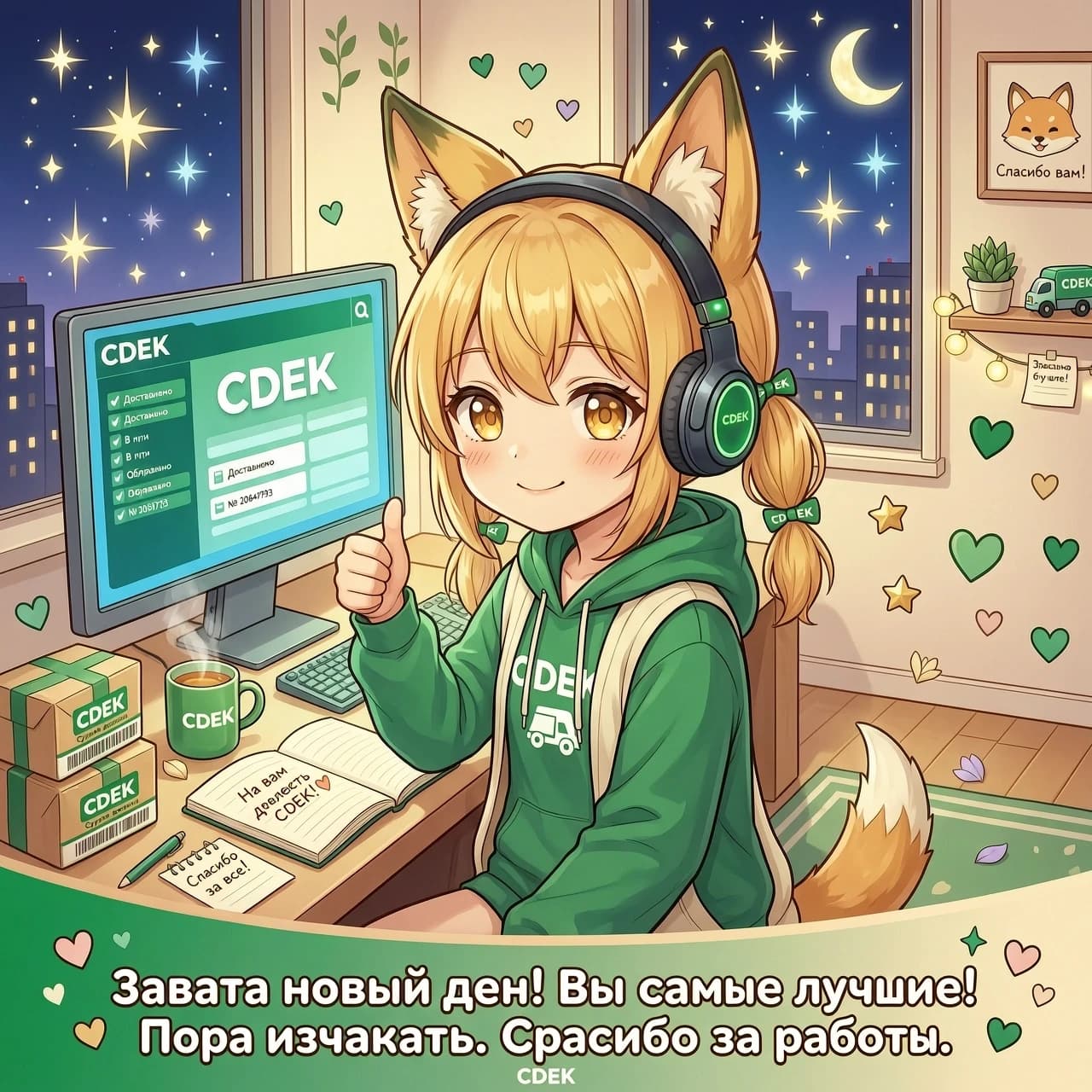 Нарисуй аниме, милую девочку‑лисёнка (оператор) в наушниках, она показывает жест «лайк». Она дома, за столом, перед компьютером с логотипом CDEK. На столе — посылки с логотипом CDEK и чашка чая с логотипом CDEK. За окном — ночная сцена: тёмное небо, яркие звёзды. Рядом — открытый блокнот, в нём надпись: «На вас держится CDEK!». Вокруг — маленькие сердечки и другие милые детали, подчёркивающие заботу и эмпатию. Атмосфера уютная, добрая, поддерживающая. Внизу добавь надпись: «Завтра новый день! Вы самые лучшие! Пора отдыхать. Спасибо за работу!». Стиль — яркий, , основной цвет зеленый, мягкие цвета, тёплая подсветка от экрана.