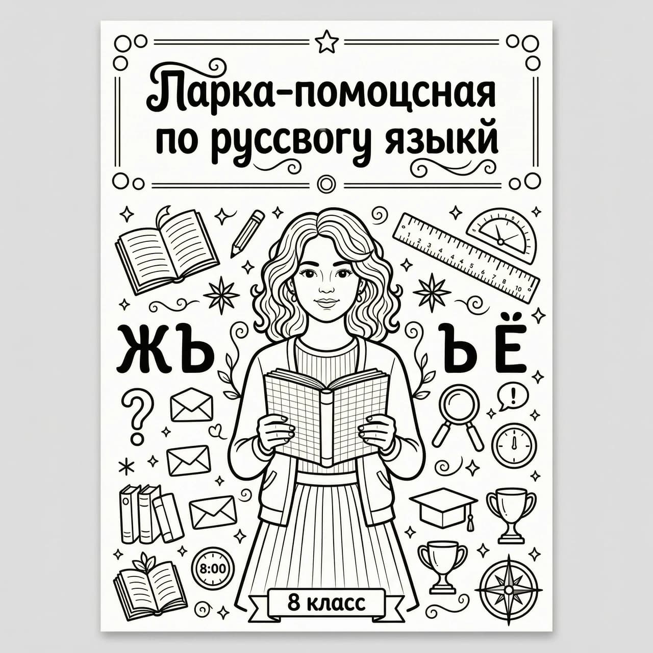A4 folder cover, black and white line art, coloring page style,
outline only, no shading, no color fill.

Big hand-lettered title at the top: "Папка-помощница по русскому языку"
in neat rounded letters with light decorative curls.

Below in the center: a teenage girl with curly hair just below shoulder
length, wearing a simple modern outfit, holding a school notebook with
both hands, calm and confident expression.

Around the girl: doodle school icons — book, pencil, ruler, letters
"Ж", "Ъ", "Ё", question mark, asterisk, thin swirls and geometric lines.

Style: teen coloring book for 8th grade, crisp black lines, white
background, balanced symmetrical composition, A4 portrait orientation,
high detail, print quality. Not childish, elegant and modern.