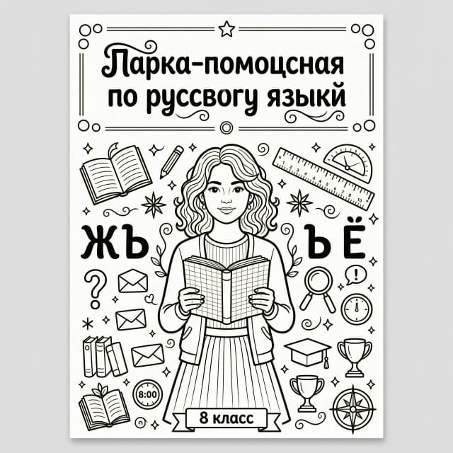 A4 folder cover, black and white line art, coloring page style,
outline only, no shading, no color fill.

Big hand-lettered title at the top: "Папка-помощница по русскому языку"
in neat rounded letters with light decorative curls.

Below in the center: a teenage girl with curly hair just below shoulder
length, wearing a simple modern outfit, holding a school notebook with
both hands, calm and confident expression.

Around the girl: doodle school icons — book, pencil, ruler, letters
"Ж", "Ъ", "Ё", question mark, asterisk, thin swirls and geometric lines.

Style: teen coloring book for 8th grade, crisp black lines, white
background, balanced symmetrical composition, A4 portrait orientation,
high detail, print quality. Not childish, elegant and modern.