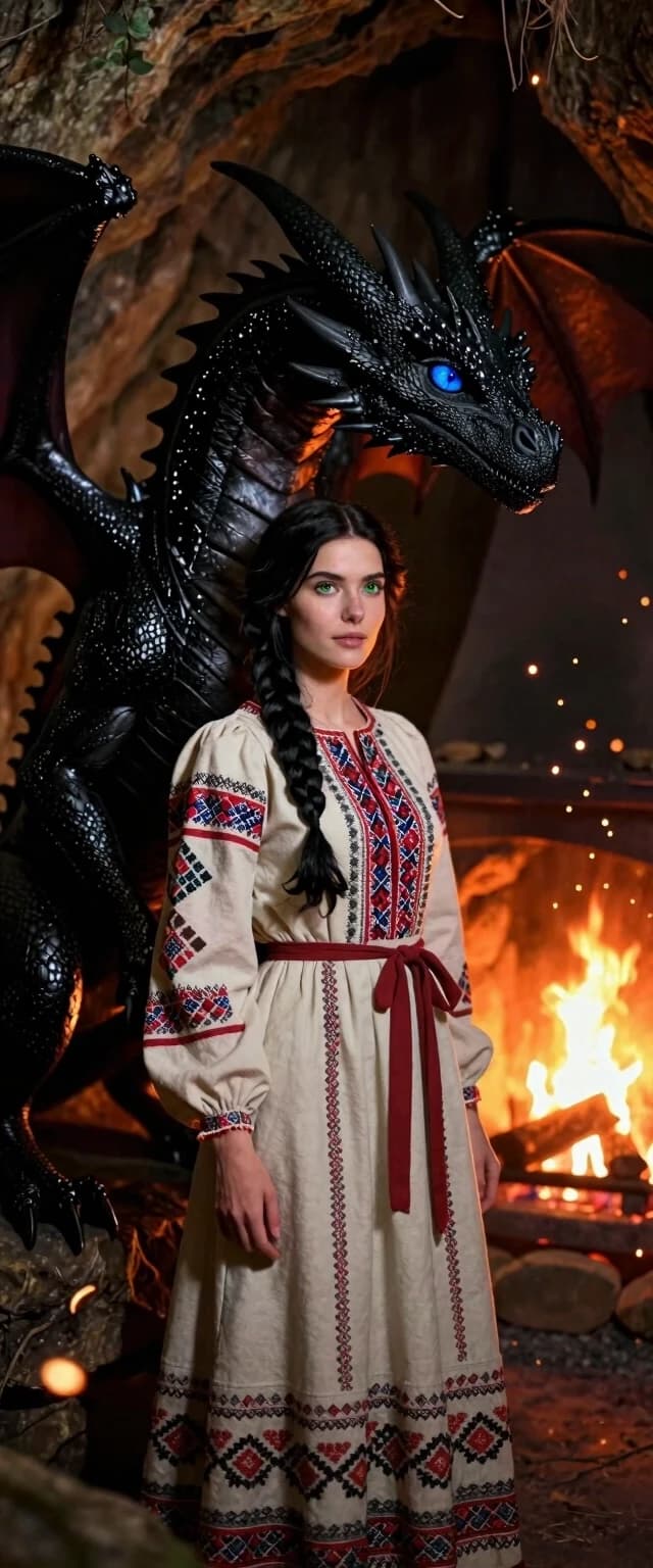 A stunning cover illustration for a cozy fantasy romance novel: a beautiful young woman wearing a long, patterned Slavic dress, with black hair in a braid and green eyes gazing directly forward; standing before her is a sleek, black, three-headed dragon with blue eyes; the setting is a dark, gloomy cave, yet light radiating from the woman dispels the darkness; the warm glow of a hearth creates a cozy ambiance, with magical sparks dancing around; highly detailed, romantic and cozy atmosphere, soft focus at the edges with sharply rendered characters, top-tier quality, ultra-high resolution.