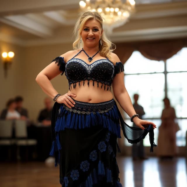 front view chubby belly dancer forty years woman in black and blue and white costume dark blonde medium ponytail hair stand in hall