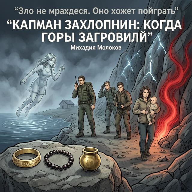 Название: «Капкан захлопнут: когда горы заговорили»
‎Автор: Михаил Молоков
‎Цитата: «Зло не прячется. Оно хочет поиграть» (полупрозрачно по дуге сверху, будто выветрена в камне)
‎
‎Описание для художника
‎Передний план: на шершавом валуне лежат артефакты — кольцо Содомандры (с тонкой, почти стёртой гравировкой), ожерелье с клевером (тёмные бусины, светлый металл) и маленький горшочек золота (потускневший, будто ему сотни лет). Они лежат так, что взгляд сразу к ним притягивается, но не перекрывают людей.
‎
‎Центр и глубина: по тропе идёт отряд. Впереди — майор МЧС: собранный, уверенный, рука на рации, он задаёт темп и защищает группу. Сразу за ним — Кира и Пётр (скалолазы): Кира сканирует скалу впереди, будто готова в любой момент уйти вверх по стене; Пётр страхует, его поза напряжённая, взгляд цепкий.
‎
‎Чуть в стороне, на границе света и тени, — фотограф‑ирландец: у него характерная экипировка, может быть шарф или деталь, которая даёт национальный оттенок, в руках камера, он снимает именно эти клубящиеся тени и артефакты. Он не в строю, а как будто «между мирами»: между отрядом и опасностью.
‎
‎Макар стоит так, что закрывает собой Настю и младенца: плечи развёрнуты, корпус чуть вперёд, он заслоняет их от надвигающейся угрозы. Настя прижимает ребёнка, но её лицо не испуганное — решительное: она готова идти дальше. Эта группа чуть смещена вбок, чтобы не перекрывать тропу, но оставаться в тёплом пятне света.
‎
‎Мистическая «озорница» (девочка с озера): она не стоит с людьми — она парит или скользит над водой у подножия скалы, чуть в стороне от тропы. Её силуэт полупрозрачный, будто соткан из тумана и лунного света; вокруг неё лёгкая рябь, как от кругов на воде. В её позе есть эта самая «озорность»: наклон головы, едва заметная улыбка, одна рука будто дразнит, манит. Но при этом от неё исходит не тепло, а холод — она часть угрозы, а не союзник.
‎
‎Фон: мрачные скалы, по контурам бегут тонкие светящиеся трещины — будто горы действительно «говорят». Из расщелины в скале вырывается алый вихрь Красной Тени: он тянется к артефактам, а чёрные тени стелются по камням, как дым. Дом — маленький силуэт вдалеке, наполовину скрытый туманом.
‎
‎Цвета: холодные тёмно‑серые и синие (скалы, ночь), тёплый жёлтый (свет фонаря и металл артефактов), яркий алый (Красная Тень), призрачно‑голубые и серебристые оттенки для «озорницы», тёмные, глубокие тона экипировки.