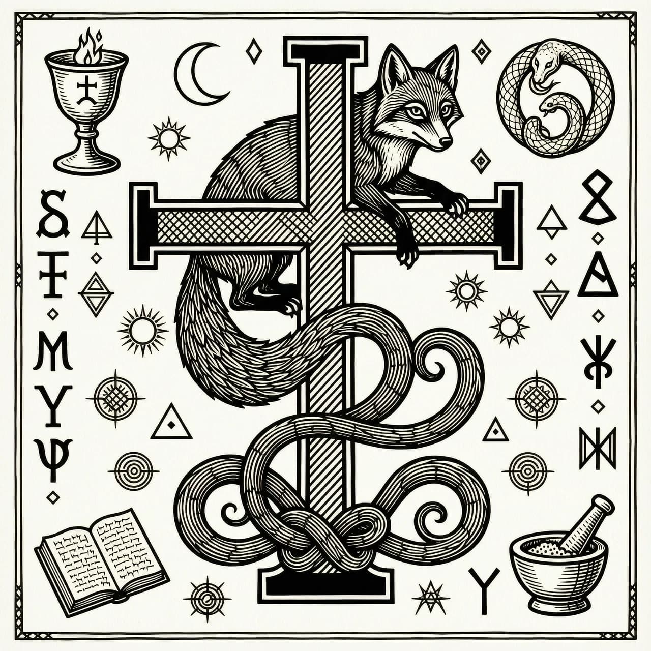 Intricate woodcut engraving tattoo design, alchemical symbol, a central Flamel cross (cross with a horizontal bar at the top), a three-tailed fox wrapped around the cross, the fox's body forms a tight serpentine 'S' curve contour strictly following the outline of the crucified serpent, the three tails flow dynamically downwards intertwining with the base of the cross, sharp geometric lines, heavy ink hatching, black and white, high contrast, sketch style, medieval alchemy illustration, pure black lines on white paper, --no color, shading, blurry --style raw --stylize 250