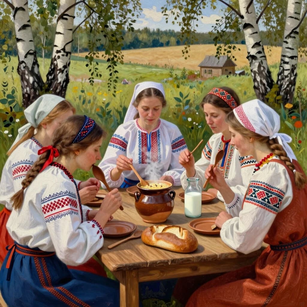 Несколько русских женщин в народных сарафанах сидят за большим деревянным столом на улице, на столе стоит глиняный горшок с дымящейся кашей, рядом лежат деревянные ложки, каравай хлеба, крынка молока, вокруг берёзы и поле, солнечный летний день, атмосфера деревенского праздника и женского единения, стиль реалистичной живописи, тёплые светлые тона, детализация одежды и еды