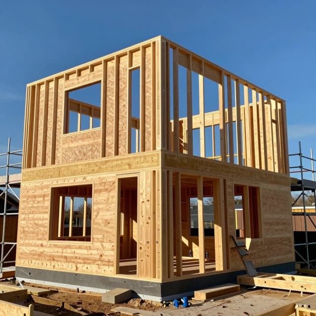 Bright sunny daytime shot of a modern frame house under construction. Clean, high-quality wooden timber planks forming the walls and roof framework. Professional carpentry work, perfect joints, scaffolding around. Golden sunlight shining through the wooden studs, blue sky. Photorealistic, 8k resolution, highly detailed.
