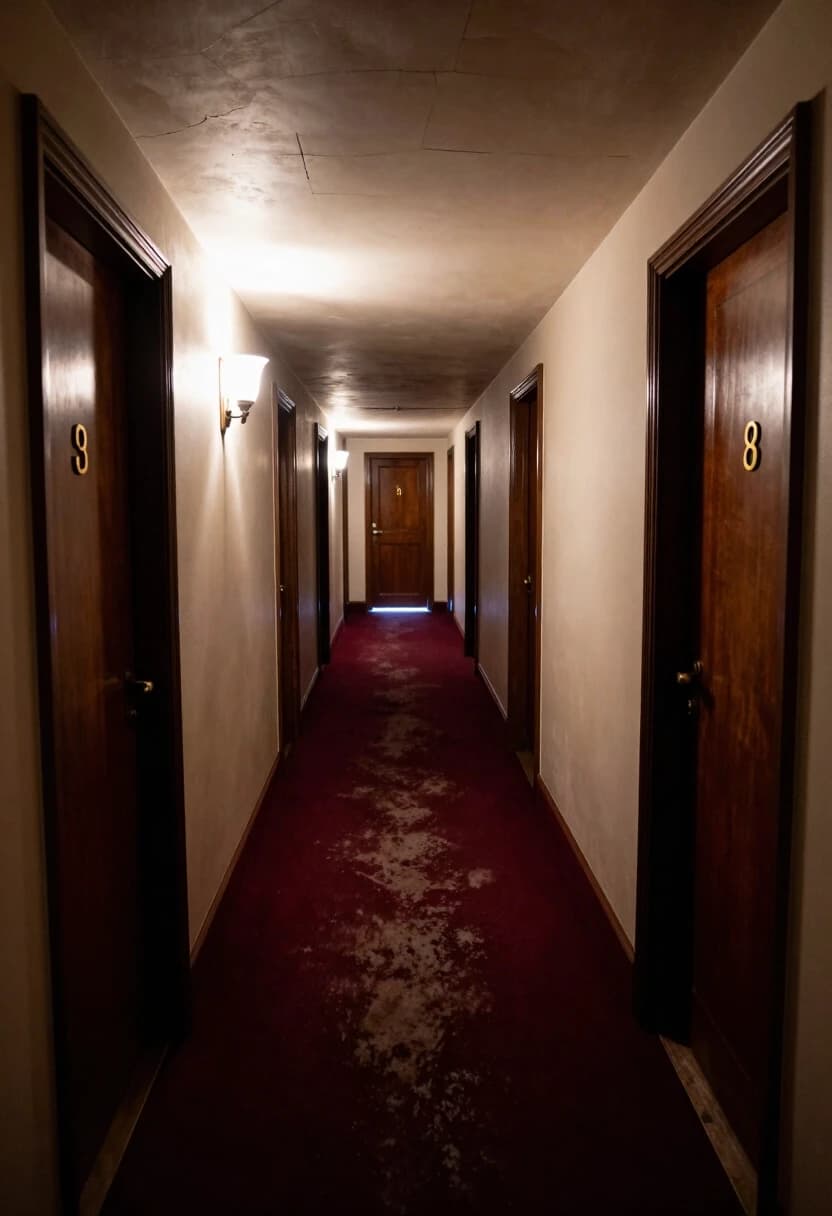 A photorealistic shot of a long, dimly lit hotel corridor with a repetitive pattern of heavy wooden doors. The carpet is a faded burgundy, worn down in the center from decades of footsteps. A single flickering wall sconce casts long, dancing shadows on the walls. At the far end of the hallway, a faint light glows from an open door, creating a strong sense of depth and mystery. High detail on the cracked plaster of the ceiling and the polished, but scratched, brass door numbers. 8k resolution, moody lighting, atmospheric perspective, shot on 35mm lens.