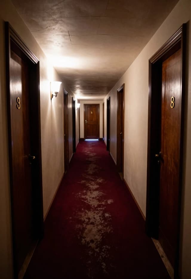 A photorealistic shot of a long, dimly lit hotel corridor with a repetitive pattern of heavy wooden doors. The carpet is a faded burgundy, worn down in the center from decades of footsteps. A single flickering wall sconce casts long, dancing shadows on the walls. At the far end of the hallway, a faint light glows from an open door, creating a strong sense of depth and mystery. High detail on the cracked plaster of the ceiling and the polished, but scratched, brass door numbers. 8k resolution, moody lighting, atmospheric perspective, shot on 35mm lens.