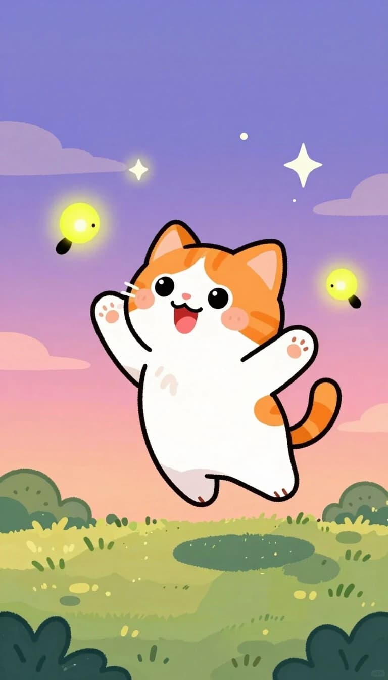 A children's crayon and marker drawing of a cute fluffy orange and white cat with big round sparkling eyes, pink nose, rosy cheeks and a joyful open-mouthed smile, leaping playfully through the air with paws outstretched to catch glowing yellow-green fireflies. Soft twilight sky gradient from deep purple at the top to pink and warm orange near the horizon, simple white stars and small sparkles. Green grassy ground with a few simple rounded bushes