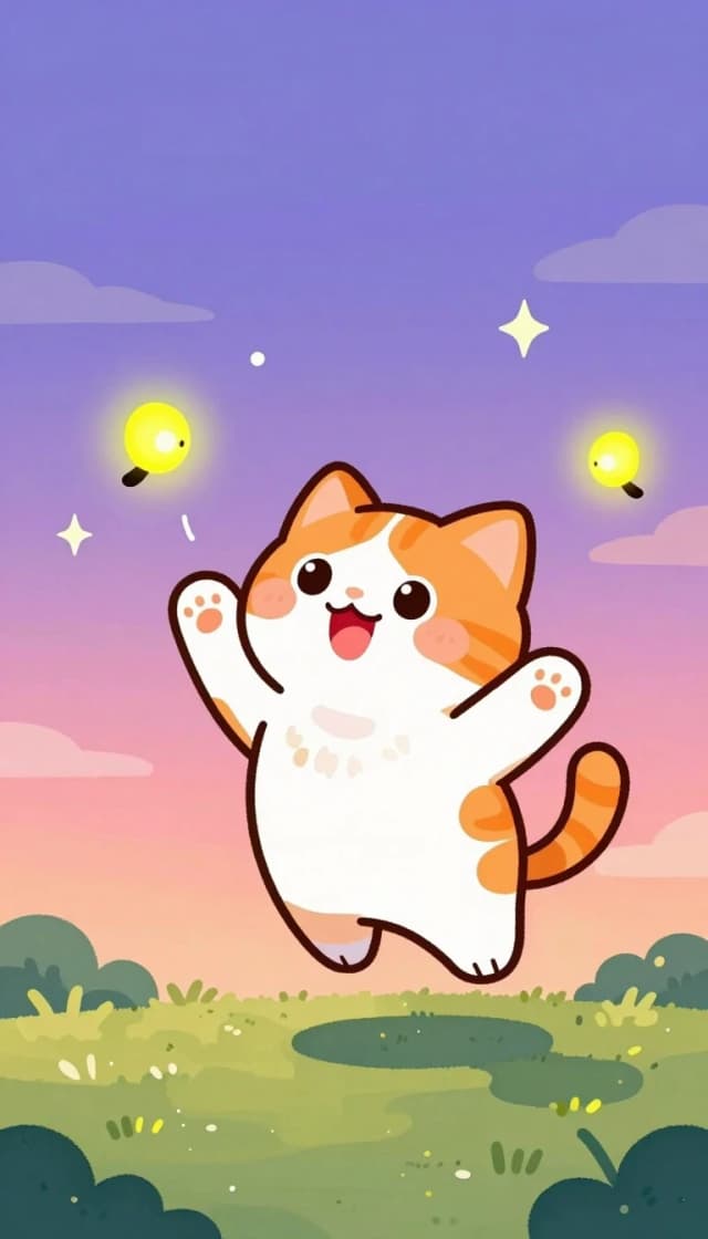 A children's crayon and marker drawing of a cute fluffy orange and white cat with big round sparkling eyes, pink nose, rosy cheeks and a joyful open-mouthed smile, leaping playfully through the air with paws outstretched to catch glowing yellow-green fireflies. Soft twilight sky gradient from deep purple at the top to pink and warm orange near the horizon, simple white stars and small sparkles. Green grassy ground with a few simple rounded bushes