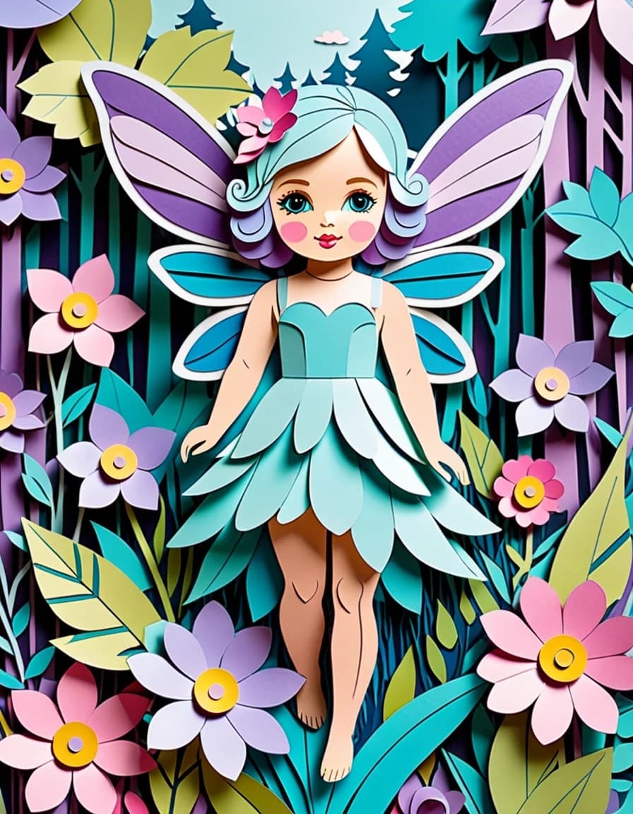 A masterpiece.  Image. Three-dimensional multi-layered paper cutout depicting a baby doll-style fairy on a flower with clear facial features and expressive eyes against a forest background, multi-layered paper work, a bright palette of lilac, pink, turquoise and shades of blue, high detail, clear edges, clear paper textures, soft shadows between layers, three-dimensional composition, 3D depth, studio lighting, author's style, 8k resolution. High detail and clear texture. High quality. Increased attention to small details. The artist is Russ Mills.