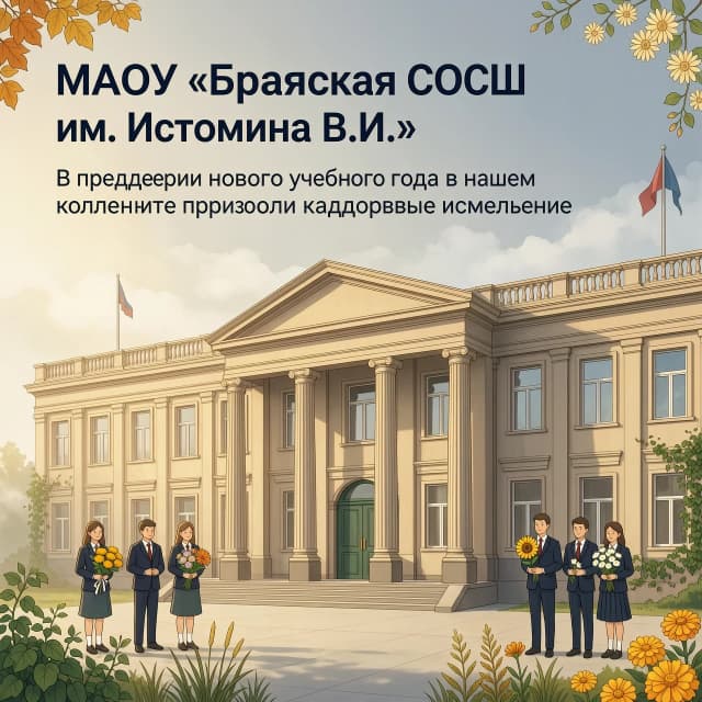 Нарисуй горизонтальный постер (формат 16:9) для школы. На фоне — аккуратный фасад здания школы:  здание школы в графике, рядом ученики с цветами в графике. Атмосфера — спокойная, торжественная, в духе начала учебного года.
Освещение — мягкий утренний солнечный свет, тёплые оттенки, лёгкая дымка, создающая ощущение свежести. Цветовая гамма — спокойные бежево‑коричневые тона здания плюс зелёные и жёлто‑оранжевые акценты (листва, цветы).
В верхней или центральной части размести текст: «МАОУ „Брянская СОШ им. Истомина В.И.“». Ниже, чуть меньшим шрифтом: «В преддверии нового учебного года в нашем коллективе произошли кадровые изменения». Шрифт — чёткий, читаемый, без засечек, тёмно‑синий или чёрный, с лёгкой тенью для контраста. Текст не должен перекрывать главный вход и окна.
Стиль — реалистичная цифровая иллюстрация, высокое качество, 4K, без лишних надписей и логотипов.