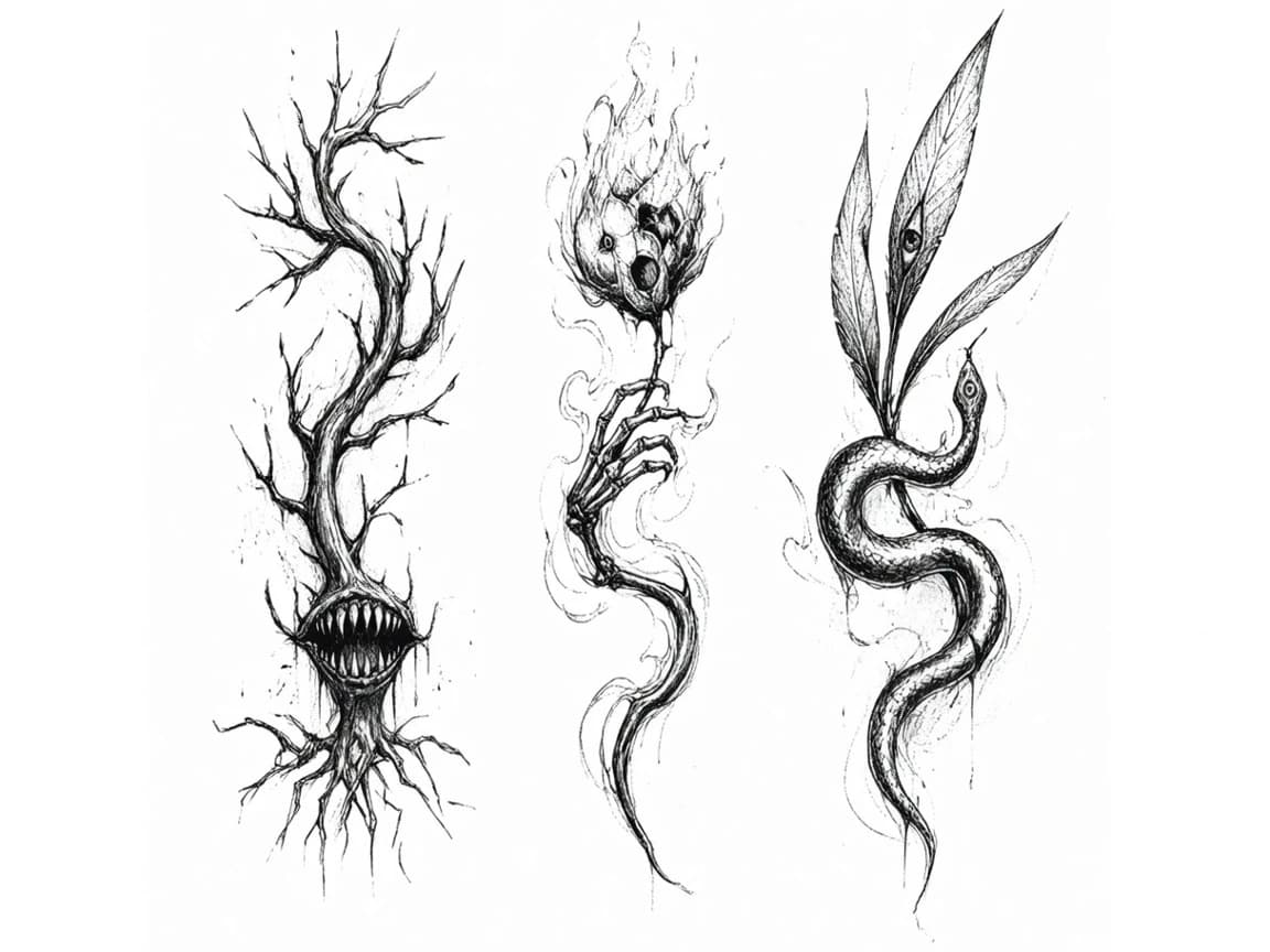 Black and white sketch, whimsical plants, curved stems, eye, teeth, snake, mystical dark style, white background