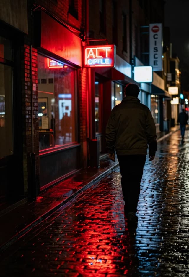 Realistic street photo, 35mm lens, f/2.0, nighttime urban scene. A narrow alley lined with storefronts; the dominant light is a bold red neon sign that flickers slightly, casting a vivid glow on the brick wall and the wet cobblestones. In the foreground, a lone figure walks away from the camera, their jacket catching the red hue; the silhouette is detailed but not overexposed. Reflections on the wet ground mirror the neon, doubling the intensity of the red. In the background, other signs glow in muted tones, keeping the focus on the red neon. The composition feels candid, like a moment stolen from the city’s night pulse. High attention to textures: rough brick, glossy wet stone, fabric folds, glass reflections, subtle flicker effect. Mood: vibrant, urban, slightly melancholic, full of life and contrast.
Keywords: red neon sign, urban alley, wet cobblestone reflections, realistic textures, night city atmosphere, cinematic framing, sense of movement, documentary realism.