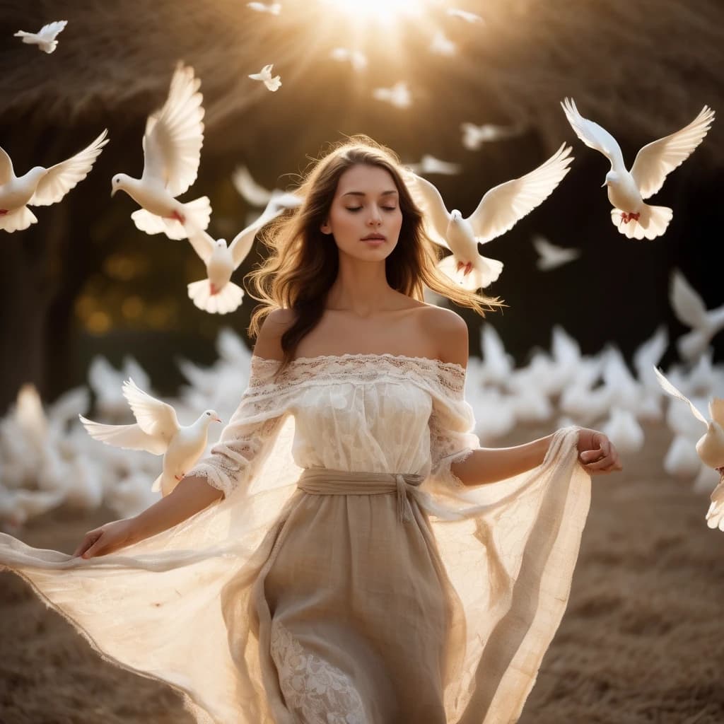 Ethereal panoramic scene of a young woman in an off-the-shoulder lace dress releasing a flock of white doves from a coarse burlap sack, wide-format composition with the woman positioned left and birds arcing to the right; soft, diffuse golden-hour backlight and gentle rim light highlighting her flowing sun-kissed hair and the translucent layers of fabric, delicate breeze animating strands and gown. Painterly, romantic-impressionist style with thick impasto textures and visible palette-knife strokes on a cracked plaster-like background; muted pastel palette of creamy ivory, pale blue, warm beige and luminous gold leaf accents. High-detail focus on feather and fabric texture, subtle motion blurs on wings, delicate dust motes and paint splatters, cinematic depth, shallow depth of field toward the foreground while preserving textured mural-like backdrop, serene uplifting mood, timeless fairytale quality. Intricate lighting contrasts, soft shadows, natural skin tones, hyper-detailed yet painterly finish.