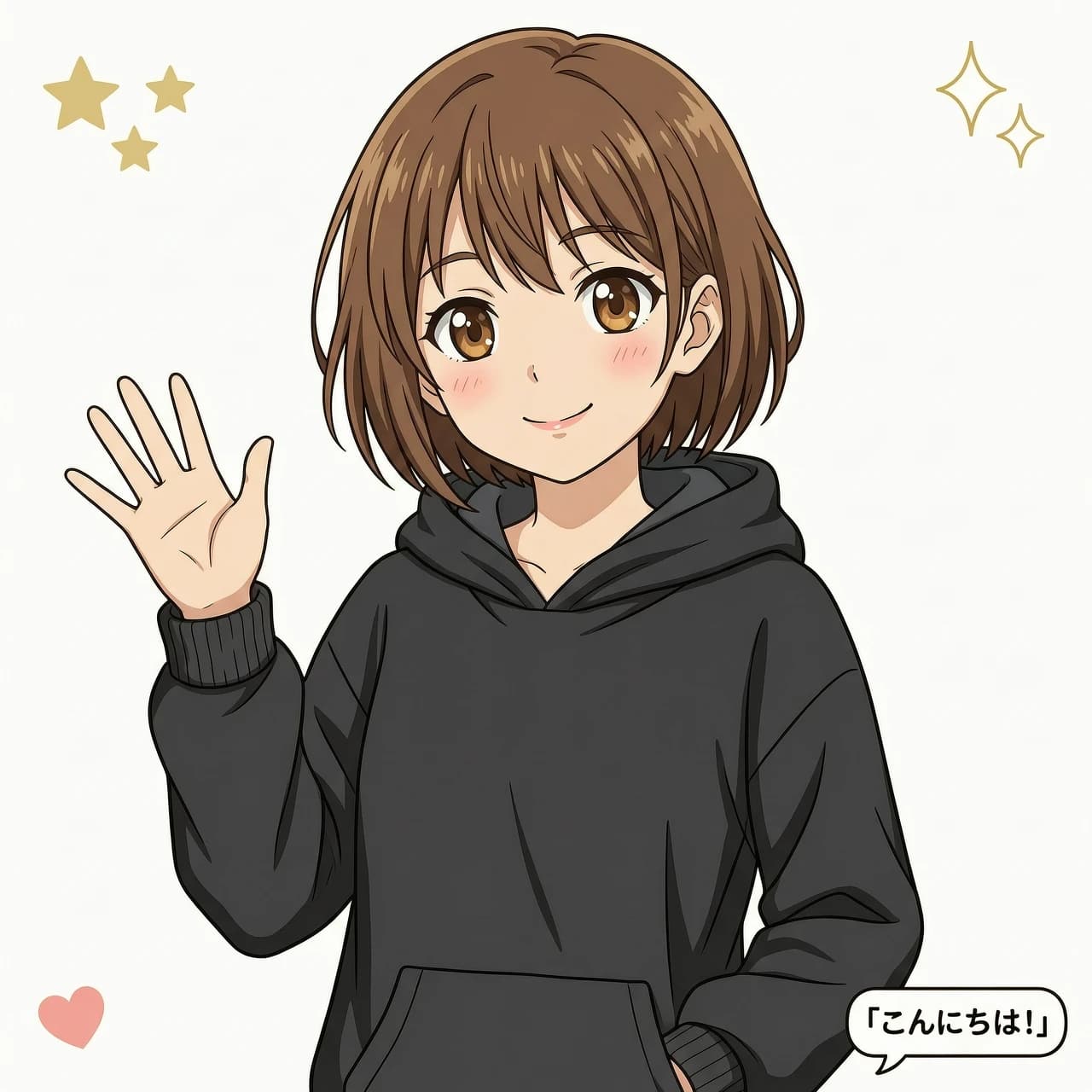 anime style, high quality anime aesthetic, 2D anime style, full-grown anime young woman, short brown hair, expressive brown eyes, wearing an oversize black hoodie, solid crisp white background, sharp clean outlines, cell shading, flat colors, professional key visual, close-up portrait, light smile, waving hand