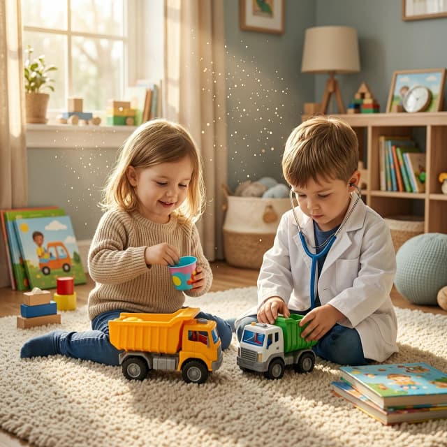 Hyper-realistic cinematic shot, heartwarming childhood role-play scene. A little girl with expressive eyes is sitting on a soft nursery rug, tenderly pretending to feed a toy dump truck from a tiny colorful plastic cup. Beside her, a little boy dressed in an oversized, detailed white doctor's coat with a toy stethoscope around his neck is focused on "treating" another toy truck, placing a small bandage on its wheel. Soft, magical morning sunlight streams through a nearby window, creating a dreamy bokeh effect with dancing dust motes in the air. The environment is a cozy, cluttered playroom filled with soft textures, wooden blocks, and picture books. Warm, nostalgic atmosphere, soft pastel color palette, shallow depth of field, highly detailed textures of plastic toys and fabric clothing, 8k resolution, shot on 35mm lens, masterpiece quality.