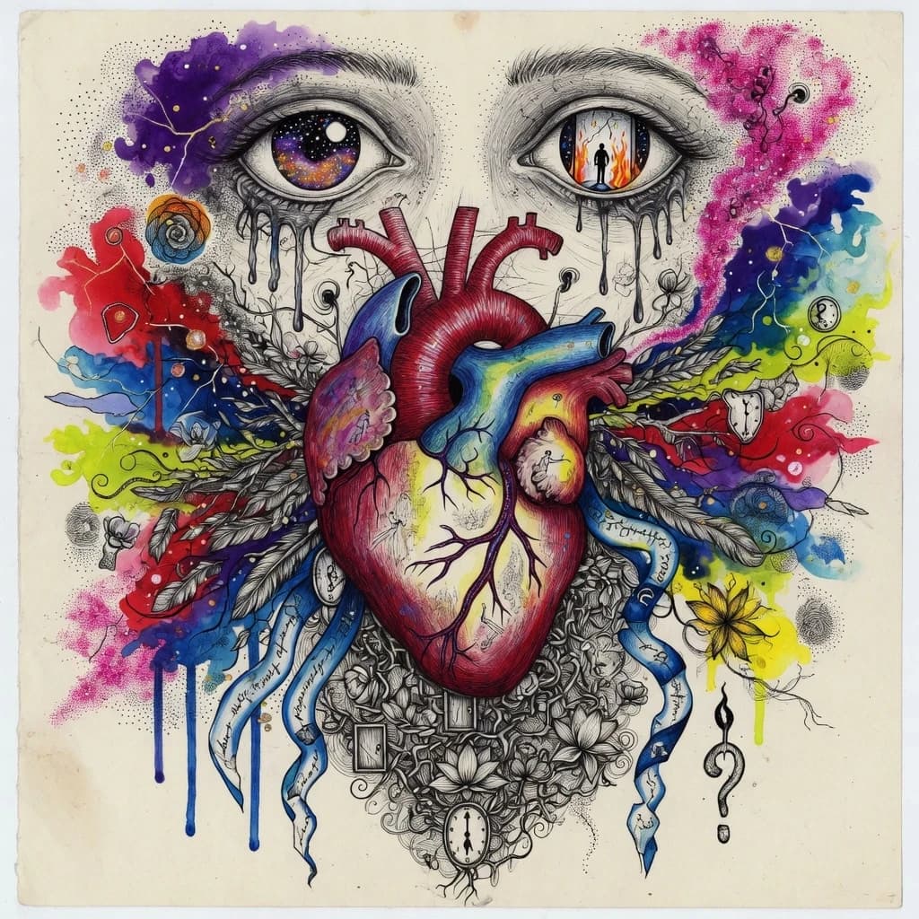 Vibrant colors and intricate textures breathe life into this captivating ink illustration, stirring deep emotions and inviting introspection with its enchanting allure.