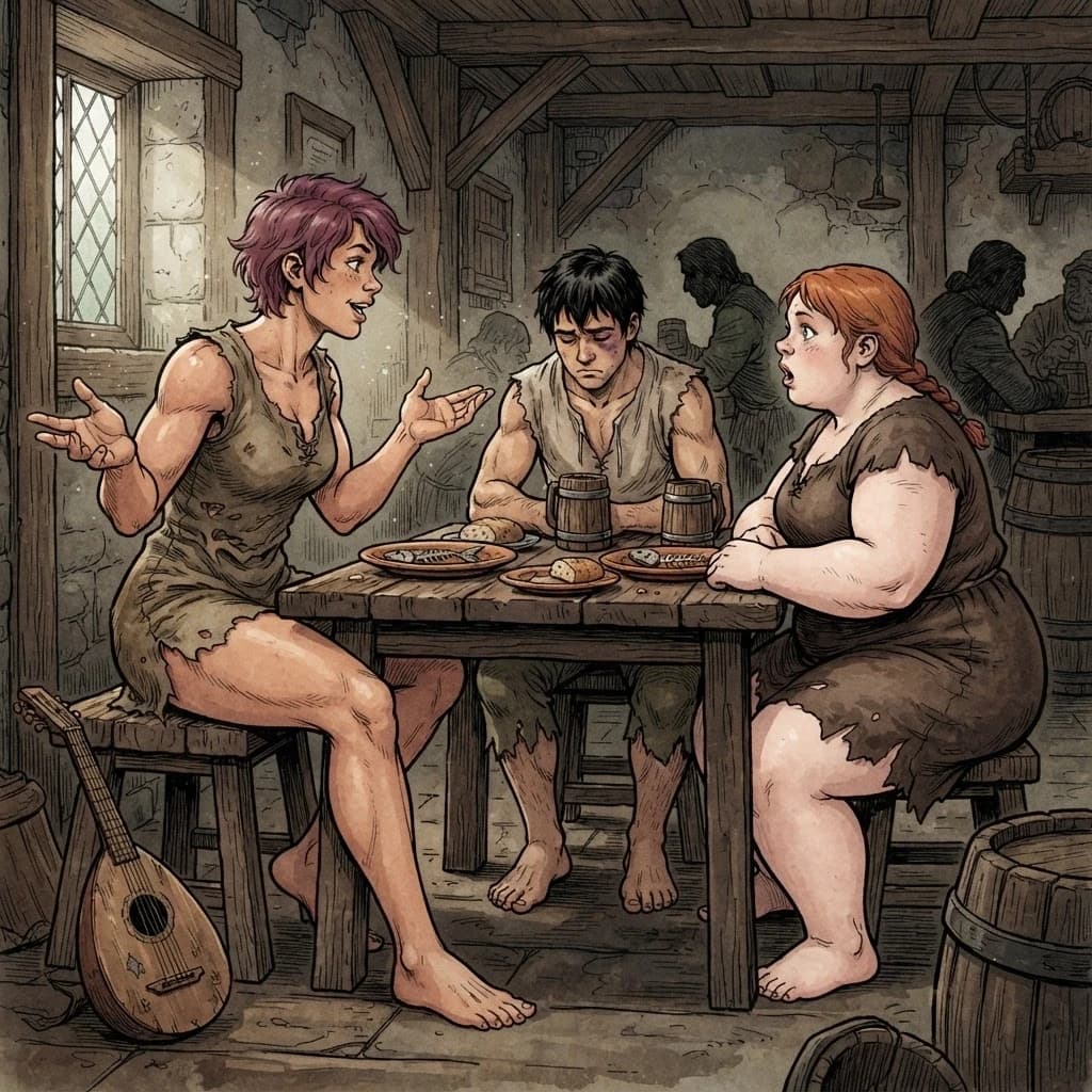 A 4:3 panoramic image, digital art in the style of European BD comics. Clean bold lineart, ink drawing aesthetic. Low fantasy, muted palette (ochre, earthy, and gray-green tones).

The interior of a cramped medieval tavern. The main character, a tall, athletic girl with broad shoulders, a narrow waist, and long, muscular legs, sits half-turned on a rough wooden stool. She leans forward, actively gesturing with her hands as she speaks; her expressive gaze is directed at her interlocutor. She has short, tousled reddish-purple hair. She wears a short, torn, sleeveless canvas dress and is barefoot. A small, worn lute rests on the floor by the leg of the stool.

Across from her, on a stool, sits a plump, broad-shouldered girl with massive arms and hips, a short red braid, her mouth slightly open in surprise, her gaze directed at her interlocutor. She wears the same short, torn, dark-brown linen dress and is barefoot. Between them sits a sturdy, dark-haired young man of normal height, dressed in a torn, sleeveless linen shirt and knee-length pants. He is barefoot. His eyes are downcast towards his mug; a fresh bruise is forming under his left eye.

The table is set with three plates of fish bones and crusts of bread and two wooden mugs. Soft, diffused daylight filters through the low, leaded window, illuminating clouds of dust in the air. The textures of wood, fabric, and leather are highly detailed, contrast between rough wood and soft skin. In the background, the hunched silhouettes of other patrons at nearby tables are visible.