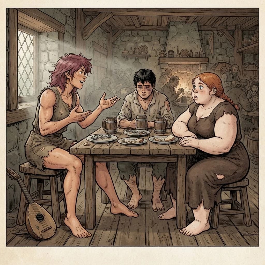 A 4:3 panoramic image, digital art in the style of European BD comics. Clean bold lineart, ink drawing aesthetic. Low fantasy, muted palette (ochre, earthy, and gray-green tones).

The interior of a cramped medieval tavern. The main character, a tall, athletic girl with broad shoulders, a narrow waist, and long, muscular legs, sits half-turned on a rough wooden stool. She leans forward, actively gesturing with her hands as she speaks; her expressive gaze is directed at her interlocutor. She has short, tousled reddish-purple hair. She wears a short, torn, sleeveless canvas dress and is barefoot. A small, worn lute rests on the floor by the leg of the stool.

Across from her, on a stool, sits a plump, broad-shouldered girl with massive arms and hips, a short red braid, her mouth slightly open in surprise, her gaze directed at her interlocutor. She wears the same short, torn, dark-brown linen dress and is barefoot. Between them sits a sturdy, dark-haired young man of normal height, dressed in a torn, sleeveless linen shirt and knee-length pants. He is barefoot. His eyes are downcast towards his mug; a fresh bruise is forming under his left eye.

The table is set with three plates of fish bones and crusts of bread and two wooden mugs. Soft, diffused daylight filters through the low, leaded window, illuminating clouds of dust in the air. The textures of wood, fabric, and leather are highly detailed, contrast between rough wood and soft skin. In the background, the hunched silhouettes of other patrons at nearby tables are visible.