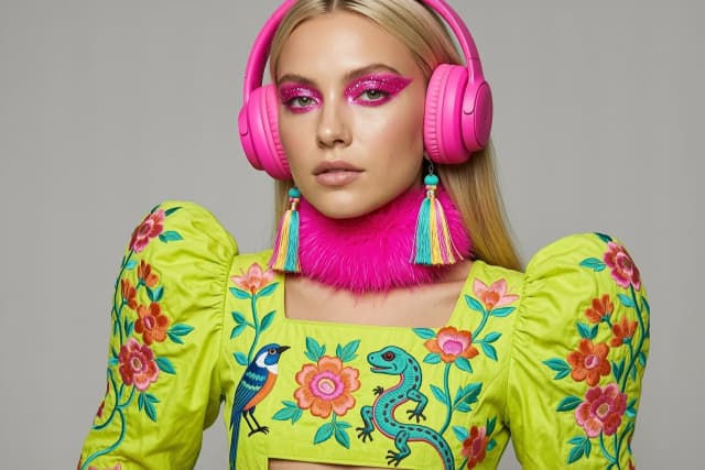 masterpiece, best quality, ultra-detailed, photorealistic, cinematic fashion photography, intricate details, sharp focus, soft studio lighting,



beautiful young woman with long straight blonde hair, bright pink eyeshadow with glitter, wearing neon pink over-ear headphones, large colorful tassel earrings and a fluffy neon pink choker, dressed in a vibrant neon yellow-green embroidered blouse with puffy sleeves featuring intricate floral, bird and lizard embroidery in pink orange and turquoise, cropped style,



neutral soft grey studio background,



dramatic close-up portrait, perfect high-fashion framing,



highly detailed skin texture, realistic intricate embroidery, glossy makeup, soft volumetric lighting, sharp focus on face and clothing, 8k resolution, hyper detailed, masterpiece, best quality, intricate details, photorealistic, cinematic color grading