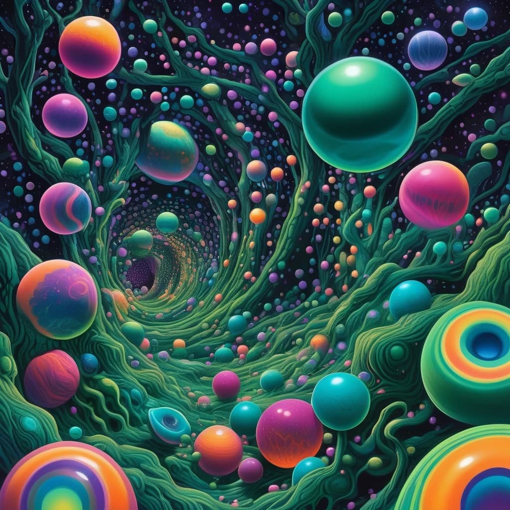 A mesmerizing surreal illustration of infinite glass spheres floating in cosmic darkness, each acting as a portal to vibrant alien ecosystems. Within every orb: exotic creatures with bioluminescent markings move through neon jungles, where crystalline trees refract light into iridescent rainbows. The dominant palette shifts between electric blues, emerald greens, and cosmic purples, with soft chromatic aberration at the edges of each sphere. Diffused lighting creates ethereal glows, while a shallow depth of field blurs distant orbs into dreamy bokeh. Rendered in 16K with hyper-detailed textures—every leaf, scale, and droplet meticulously crafted. The upward camera angle enhances the sense of infinite depth, as if gazing into an endless fractal universe. --ar 16:9 --v 6 --style raw --q 2 --s 1000 --stylize 900 --chaos 50 --no hard edges, realism