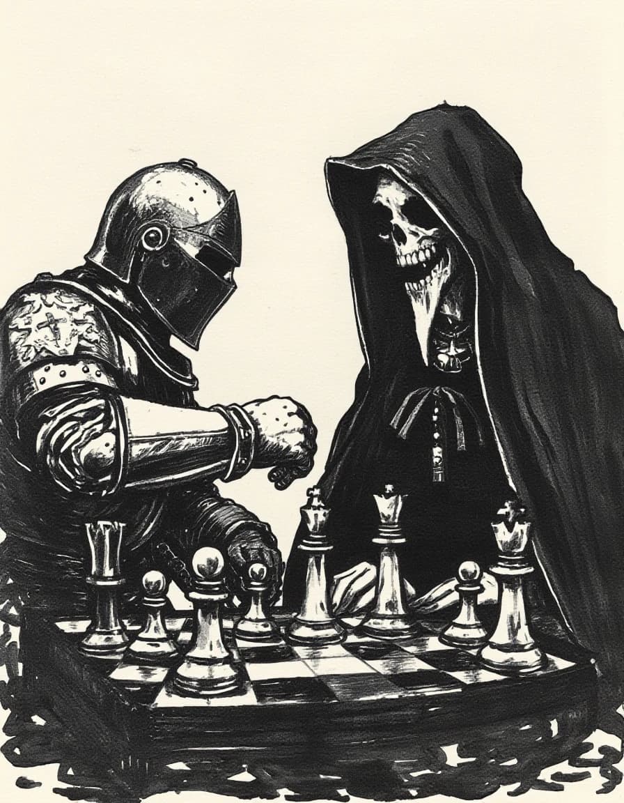 Blurred ink stains depicting a game of chess between a medieval knight and a woman in a black cloak with a hood and a plague doctor’s mask.