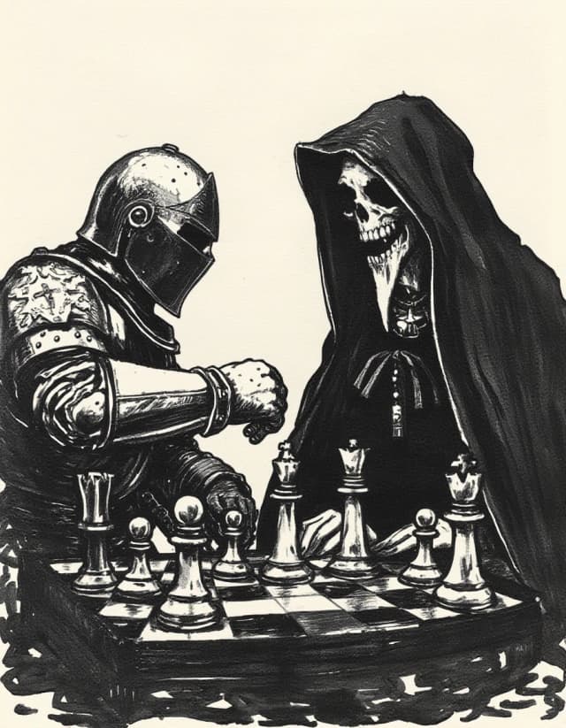 Blurred ink stains depicting a game of chess between a medieval knight and a woman in a black cloak with a hood and a plague doctor’s mask.