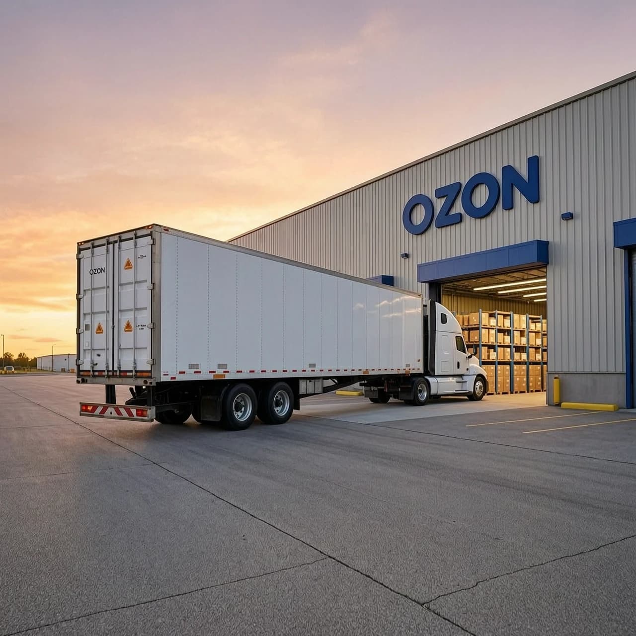 A massive white semi-truck slowly backs up to a large Ozon fulfillment warehouse loading dock at sunrise. Wide angle, realistic lighting