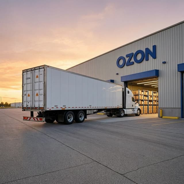 A massive white semi-truck slowly backs up to a large Ozon fulfillment warehouse loading dock at sunrise. Wide angle, realistic lighting