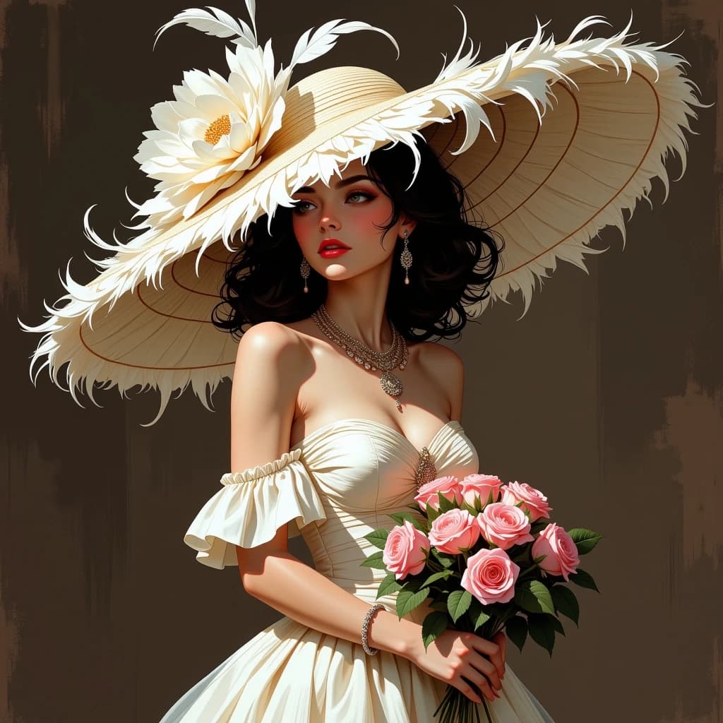 The image is a portrait of a young woman wearing a large, elegant hat with a large flower on top. The hat is made of white feathers and has a wide brim. The woman is wearing a strapless, off-the-shoulder dress with a sweetheart neckline and a full skirt. She is also wearing a statement necklace and earrings. She has dark hair styled in loose curls and is holding a bouquet of pink roses in her hands. The background is a dark brown color, making the woman and the hat stand out. The overall mood of the image is romantic and elegant.