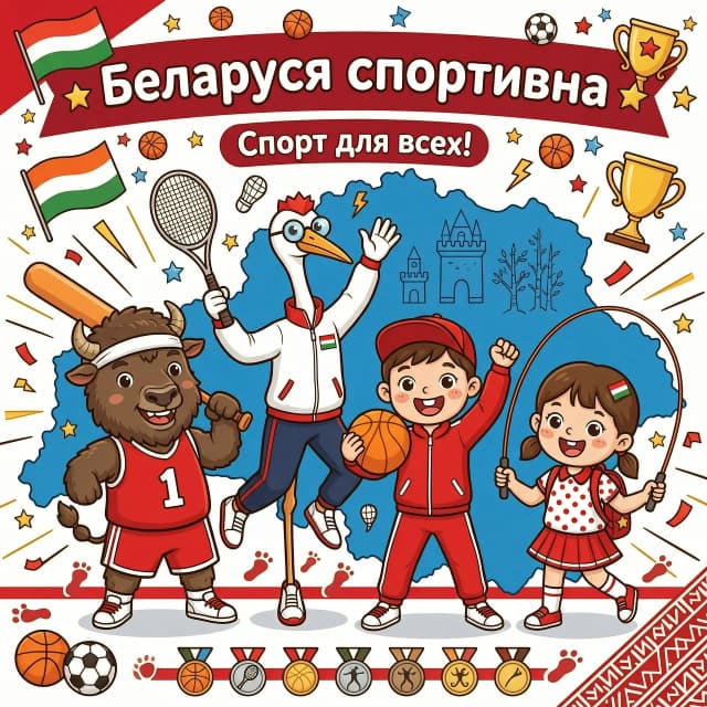 Картинка для детей "Беларусь спортивна". Зубр и аист в спортивной форме со спортивным инвентарем, а с ними мальчик и девочка на фоне контура Беларусии