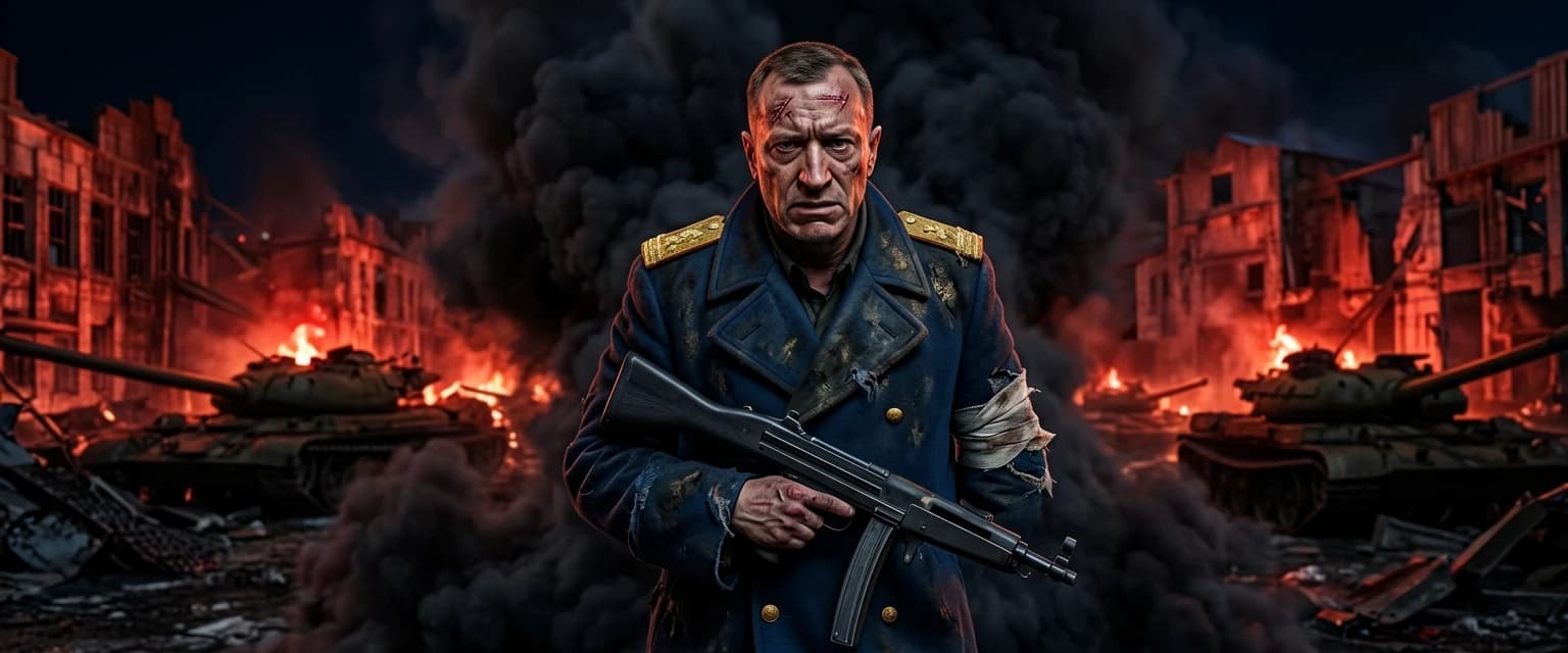 Generale Ivan Voronov, a man in his late 50s, a strong-willed, weathered face with visible battle scars and a resolute, anguished expression, appearing to emerge from a swirling cloud of black smoke on a battlefield at night. His uniform, a classic, Soviet-style officer's dark blue greatcoat with tarnished gold shoulder boards, is heavily soiled and slightly torn. One arm is bandaged but still holding a submachine gun. The background is a chaotic scene of burning tanks and crumbling industrial buildings, illuminated only by the reddish-orange glow of the fires. Cinematic photorealism, high contrast, dramatic light from a single source, high detailed, 8k, sharp focus.