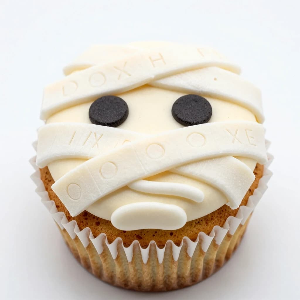 A cupcake in the form of a mummy's face, with bandages located along the entire key from the top edge to the bottom edge. At the same time, the bandages are engraved on it.