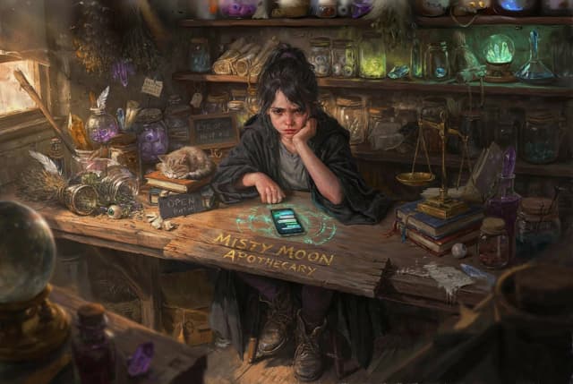 From above, dynamic angle. An intensely textured oil painting with thick rough gritty brushstrokes, capturing a cute but visibly bored witch girl. She is sitting behind a cluttered wooden shop counter in a fantasy magic store, elbows resting heavily on the surface, supporting her chin as she looks away with tired eyes and prominent bags underneath. Her modern smartphone rests directly on a magical spell circle etched into the counter.