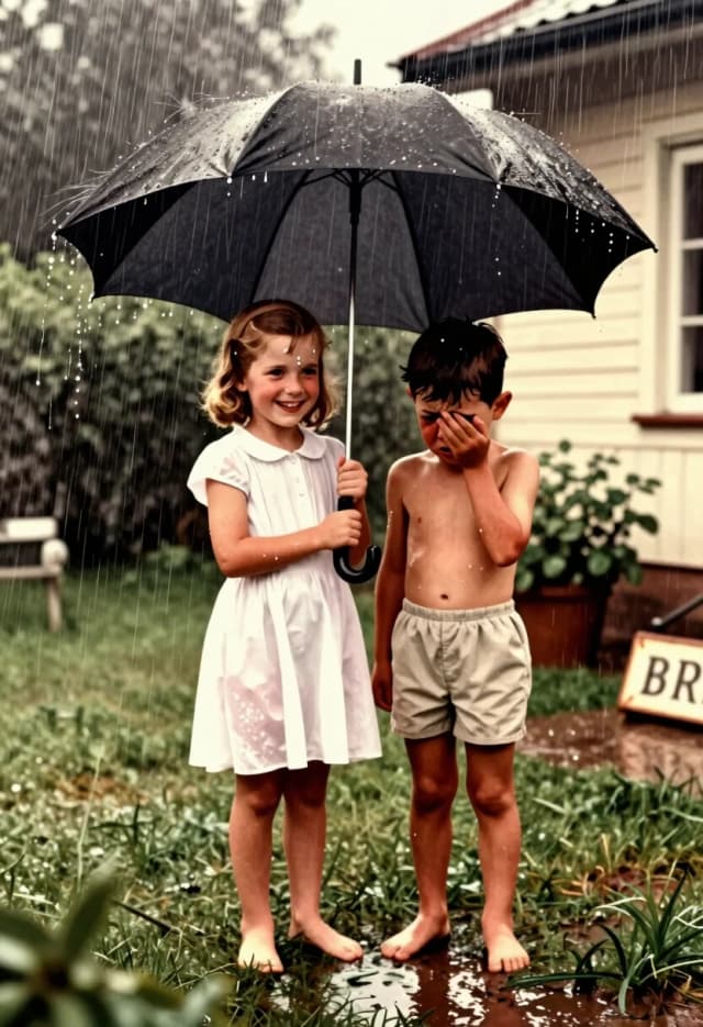 Create a colour illustration in the style of a 1950s retro photograph, but with a rich, vibrant palette — as if an old black‑and‑white photo had been carefully hand‑coloured. At the centre of the composition are two children under one large dark umbrella: on the left, a girl in a light white dress; on the right, a boy without a T‑shirt, wearing simple light‑coloured shorts; both are standing barefoot on the damp grass. The rain is depicted expressively: dense, slanting streams, sparkling drops, dynamic streaks across the umbrella’s canopy.

The girl is smiling sincerely — her smile conveys delight at the rain, her eyes are shining, her posture is relaxed, and her arms are crossed calmly. The boy, by contrast, looks upset: his eyebrows are furrowed, his mouth is slightly parted, as if he’s about to cry or say something hurt; he lightly covers his face with one hand, as if brushing away the drops. The contrast of emotions is the key focus of the scene.

The background is a cozy courtyard: blurred greenery of bushes, a fragment of a house wall with wooden cladding, and on the right — the edge of an old sign with letters. Add atmospheric details: reflections in puddles, wet leaves, a light mist from the rain. The lighting is soft and diffused — a cloudy day, but with warm highlights to emphasize the nostalgic mood. The image texture has a slight graininess, imitating film, and a barely noticeable vignette around the edges.