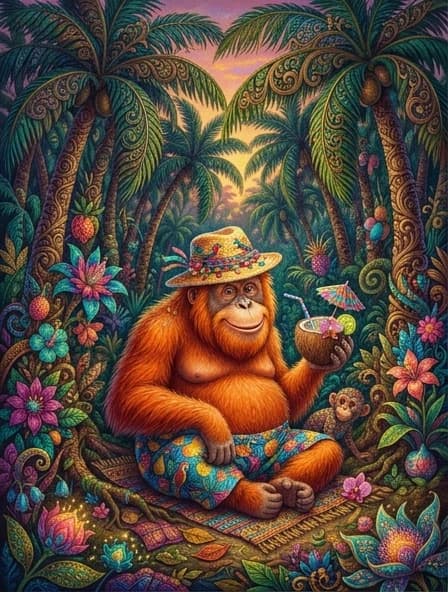 A fabulous illustration. Thickets of coconut palms with beautifully carved leaves. In the center sits a funny charming orange orangutan. He wears shorts with colorful tropical colors and a colorful panama hat. He is holding a coconut cocktail glass with a straw and a decorative umbrella in it. Colorful and bright, detailed, a little psychedelic. In the style of illustrations by Vladislav Yerko, Marina Kaspersky, Kinuko Kraft, James Christensen.