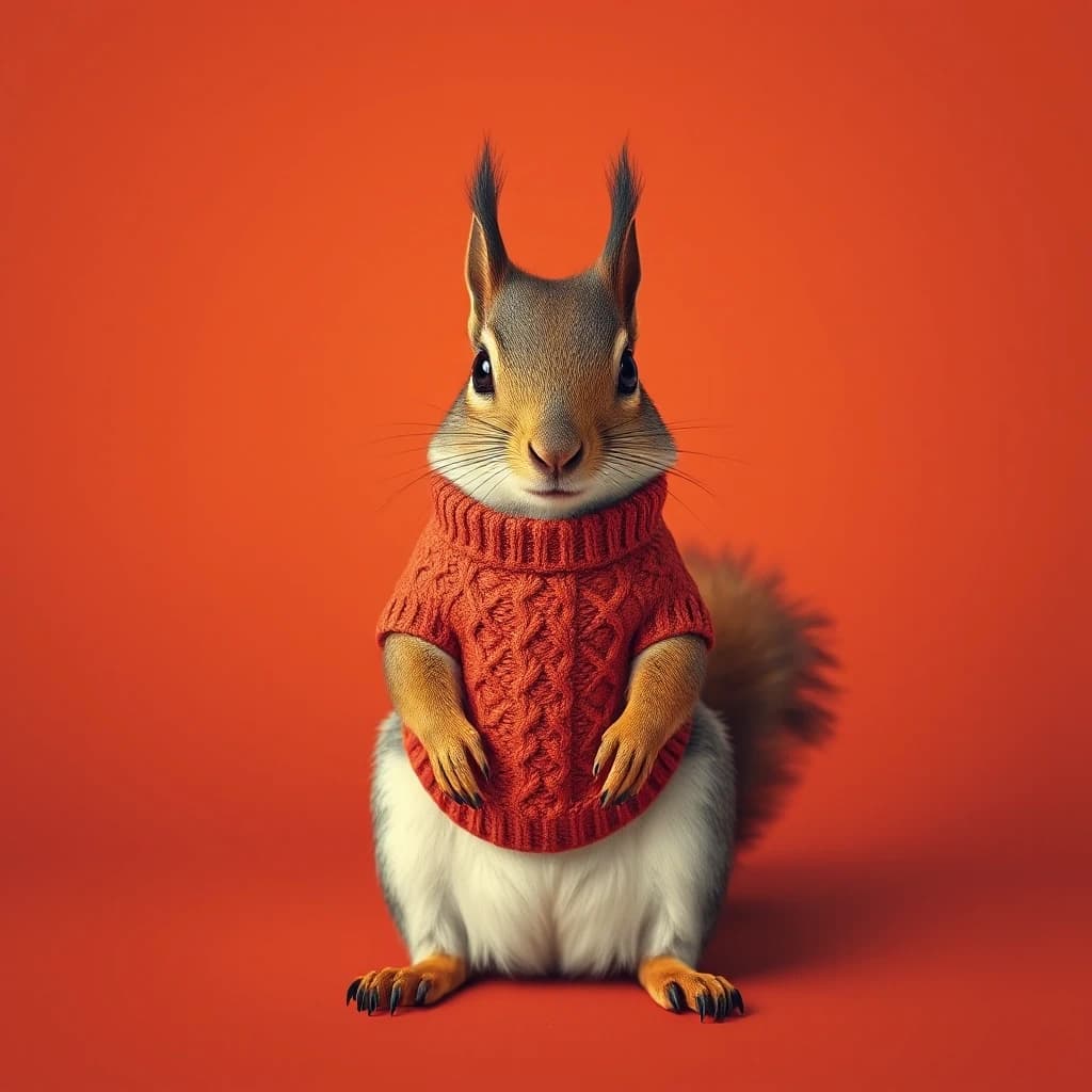 Draw a symmetrical frontal frame in the style of Wes Anderson for the A6 format. In the center is a full—length squirrel, it sits on its hind legs, and on its chest is a knitted terracotta shirt front with a simple pattern. The background is matte terracotta, uniform. Palette: terracotta, red, beige, cream. The lighting is warm, like sunset, and the shadows are soft. High detail: fluffy tail, knitting loops, precise proportions of the squirrel. No labels. 8K, cinematic frame.