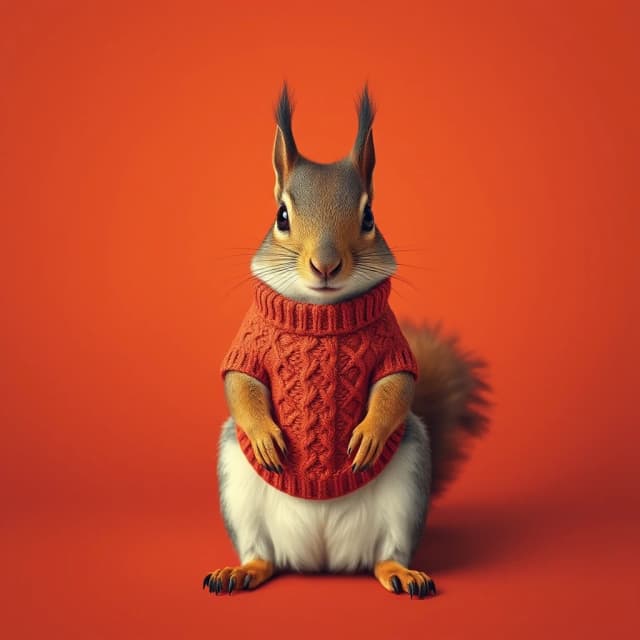 Draw a symmetrical frontal frame in the style of Wes Anderson for the A6 format. In the center is a full—length squirrel, it sits on its hind legs, and on its chest is a knitted terracotta shirt front with a simple pattern. The background is matte terracotta, uniform. Palette: terracotta, red, beige, cream. The lighting is warm, like sunset, and the shadows are soft. High detail: fluffy tail, knitting loops, precise proportions of the squirrel. No labels. 8K, cinematic frame.