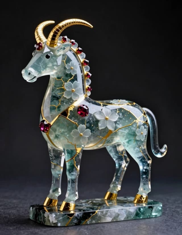 An unusual sculpture. Exquisite, trypophobic patterns, ultra-modernity. Futurism, eclecticism. The background is dark, with shadows and spectacular lighting. On a stand made of tourmaline stands an aries made of tourmaline and transparent glass fused with it. The figure of aries is decorated with golden mirror kintsugi cracks and embossed flowers. Decorated with garnet crystals. Elegance. Graceful curves in the style of Antoni Gaudi, baroque, with lots of small gold veins. Dynamic and expressive. Subtle patterns. Stylization. High quality.
