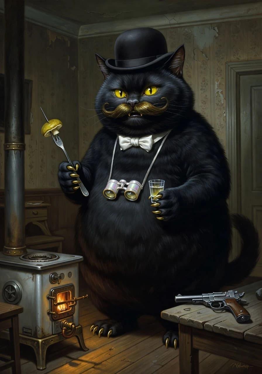 Огромный чёрный кот размером с кабана, жирный, тяжёлый. Стоит на задних лапах. Шерсть чернее сажи, отчаянные кавалерийские усы, круглая голова, острые уши, пухлые лапы. На шее — белый фрачный галстук-бабочка, на груди — перламутровый дамский бинокль на ремешке. Усы и когти позолочены. на полу стоит примус времен НЭПа (керосиновая горелка , должна выглядеть реалистично, без лишних деталей), на столе лежит пистолет системы маузер (реалистичный пистолет  Маузер C96!). На голове котелок Наглая, хитрая усмешка, глаза горят жёлтым.…жутких размеров черный кот сидящий за столом с рюмкой водки в одной лапе и вилкой, на которую он успел поддеть маринованный гриб, в другой. Фон — коммунальная квартира или мрачный московский интерьер 1920-х. Стиль — иллюстрация к Булгакову, тёмное фэнтези, масло, драматичный свет.