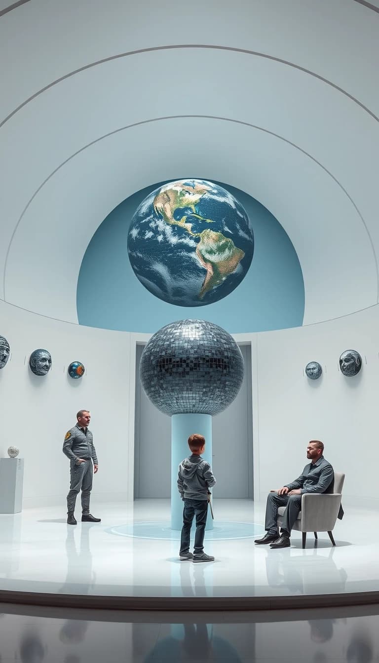 A large, semi-circular, white hall with no windows. Along the walls are sculptures depicting a ball on a very thin pillar. The walls are adorned with paintings depicting a ball on a pale blue background, with the surface of the ball covered in a mosaic pattern made up of numerous small black and mirror-like tiles, standing on a very thin pillar on a pale blue background. In the center of the hall is a holographic terminal. Standing near the terminal is a tall, muscular man in a flight suit without any insignia, accompanied by a 12-year-old boy. In the background, near the wall, a man in a silver-black suit is sitting on one of the soft chairs with a surprised expression on his face, while a young man in a flight suit with a thin sword on his belt is standing next to him. Above the holographic terminal, a three-dimensional image of the planet Earth is rotating, consisting of a mosaic pattern made up of numerous small black and mirror-colored tiles.